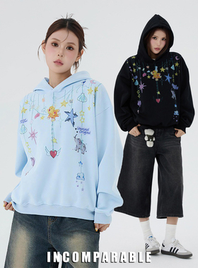 【iN】美式潮牌趣味卡通印花连帽卫衣男女设计感休闲宽松外套情侣