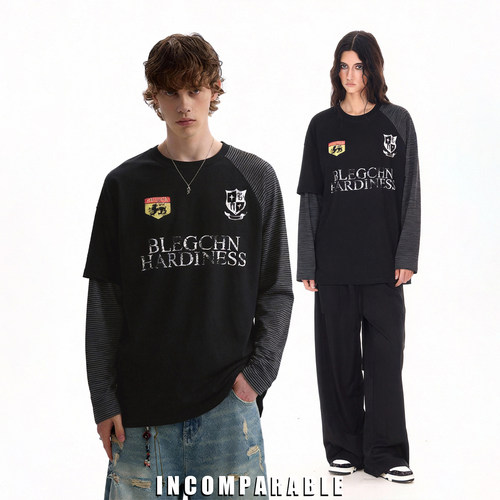 潮牌不规则拼接条纹长袖T恤男女