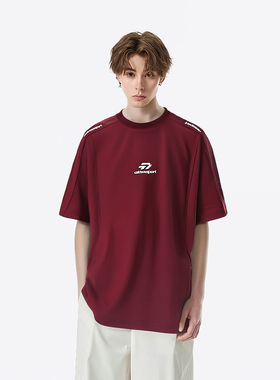 LB｜男女款美式复古重磅酒红色短袖T恤夏季oversize宽松半袖上衣