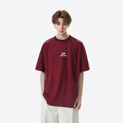 美式复古重磅酒红色短袖T恤男女