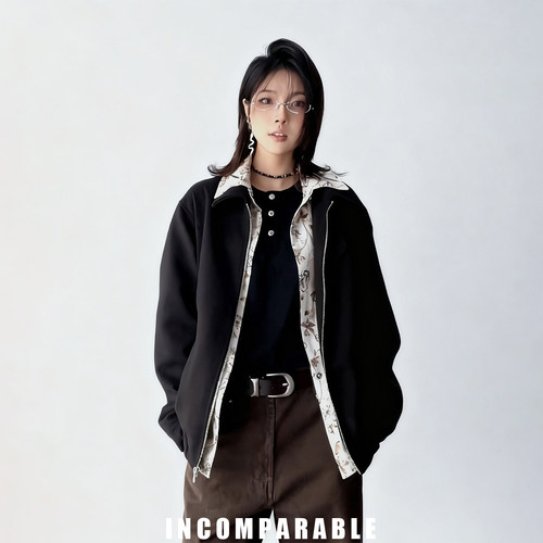 假两件翻领拉链夹克外套男