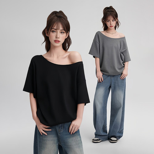 夏季设计感漏肩露锁骨短袖T恤女
