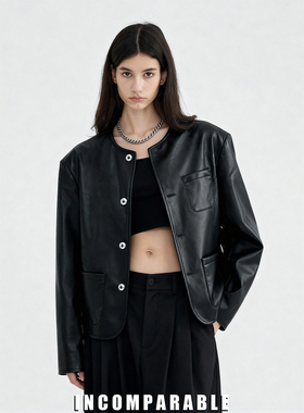 【iN】美式黑色无领皮衣外套男2025秋季新款小香风高级感PU皮夹克