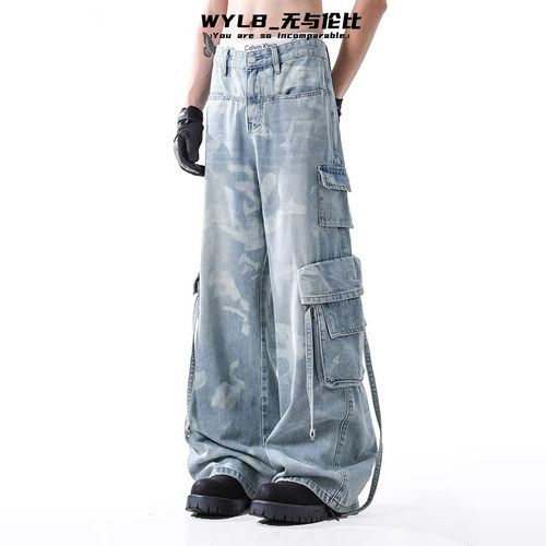 美式复古扎染牛仔工装裤男女款