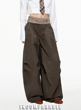 【iN】美式潮牌拼接腰头立体褶裥设计感复古慵懒感阔腿长裤男女款