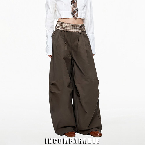 拼接腰头立体褶裥设计感阔腿长裤