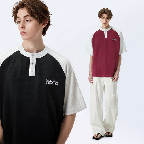 设计感亨利领宽松袖短袖T恤男女