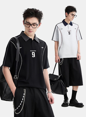 WYLB｜男女款美式街头潮牌翻领短袖T恤男oversize宽松黑色半袖t恤