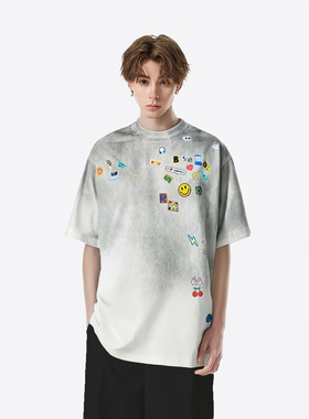 LB｜男女款美式趣味贴纸康丽印花染色水洗做旧vintage宽松短袖T恤