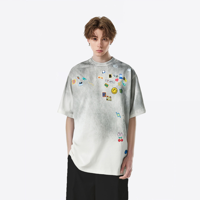 趣味贴纸染色水洗宽松短袖T恤男