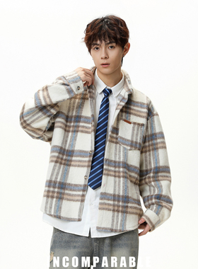 【IN】国潮牌情侣美式街头嘻哈宽松毛呢格子外套秋季新款宽松夹克