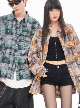 WYLB｜秋冬美式复古毛边口袋四合扣印脏格纹宽松休闲长袖衬衫潮