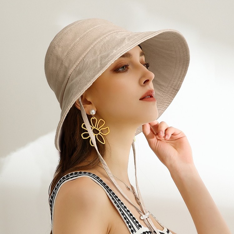 纯棉渔夫帽夏季薄款带防风绳可折叠韩版简约大帽檐女士防晒遮阳帽