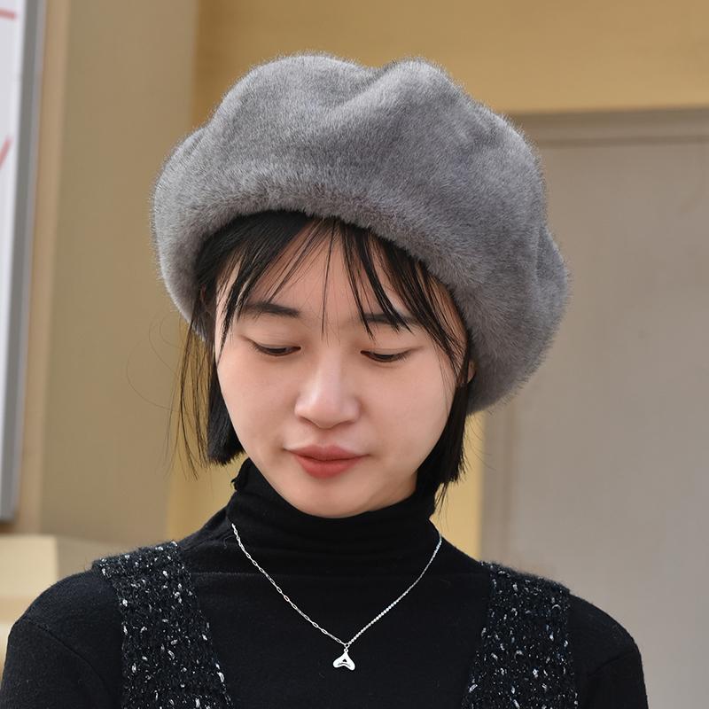 帽子秋冬洋气仿水貂毛贝雷帽女士秋冬百搭时尚洋气蓓蕾帽仿皮草毛