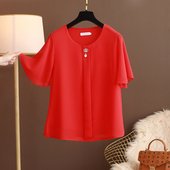 新款 短袖 T恤圆领雪纺衫 大码 妈妈装 夏季 宽松遮肚子喇叭袖 上衣 女装