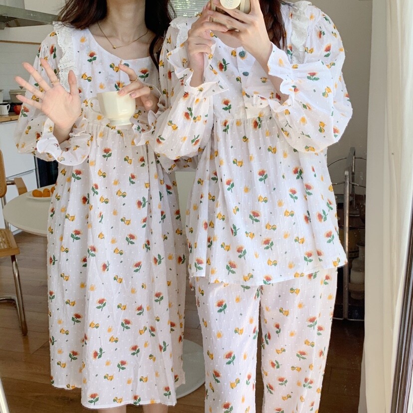 韩版秋季田园碎花睡衣少女提花棉清新粉色甜美减龄睡裙家居服套装