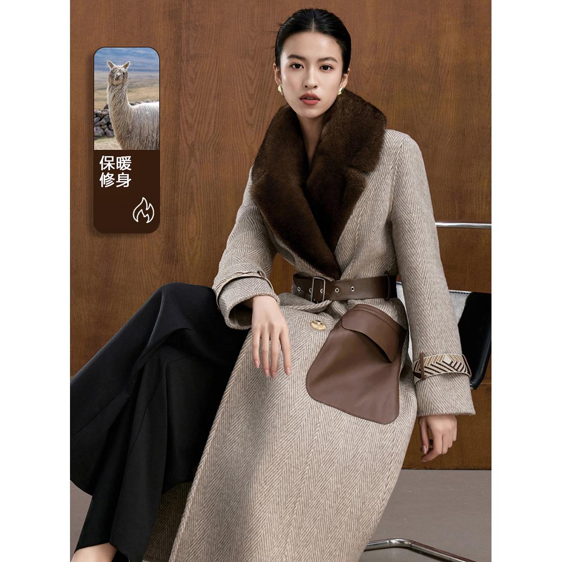 思线水貂毛领苏力驼绒大衣高级感