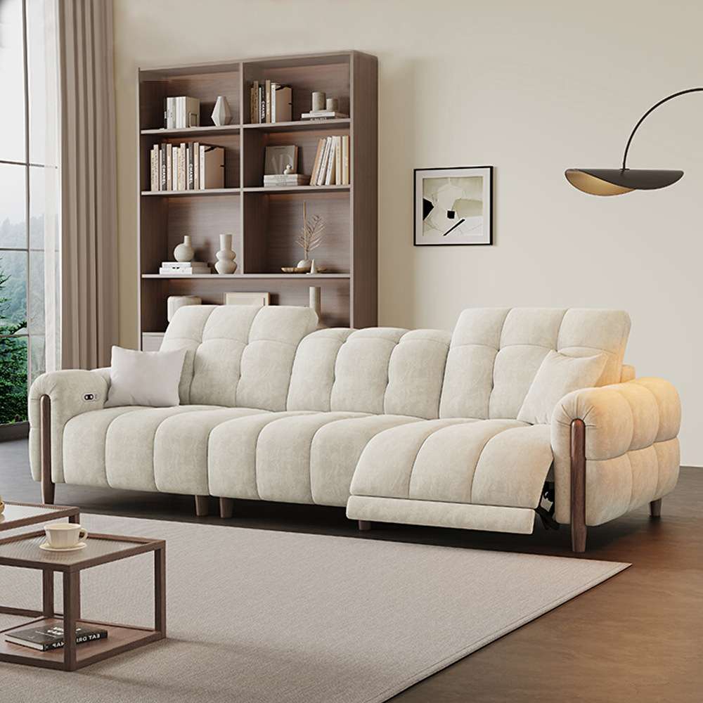 简约可伸缩电动功能布艺沙发中古风零靠墙北欧客厅可调节实木