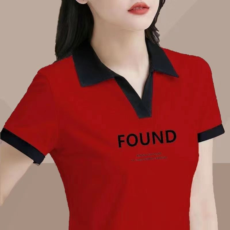 中年妈妈休闲百搭翻领polo衫短袖t恤女夏季新款v领红色体恤衫上衣