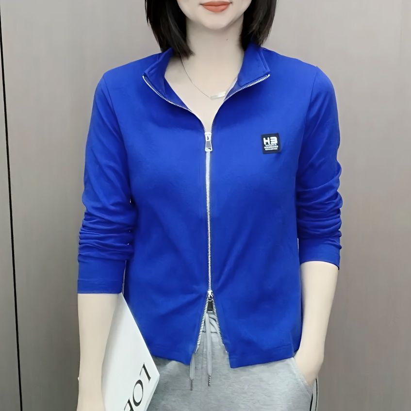 新款春秋季长袖双拉链立领T恤衫女修身显瘦百搭设计感打底衫上衣
