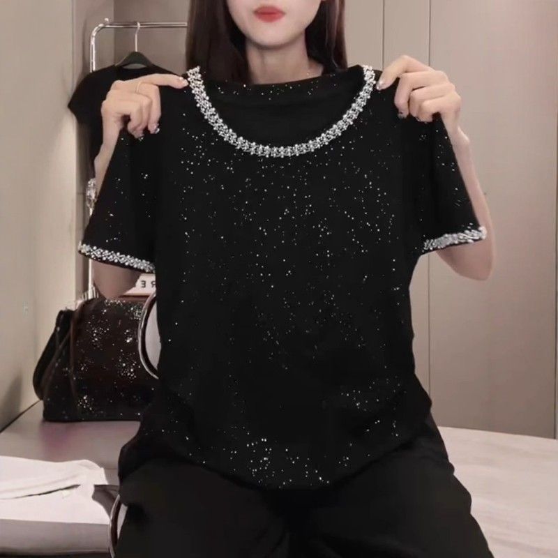 大码高级感满天星镶钻短袖T恤女夏季胖MM设计感修身显瘦别致上衣