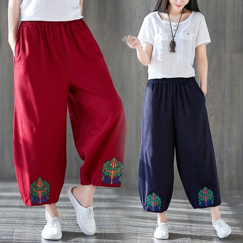 民族风纯色刺绣灯笼裤女棉麻休闲九分哈伦裤女夏季文艺宽松阔腿裤