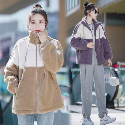 拼接撞色羊羔毛绒加厚棉服外套