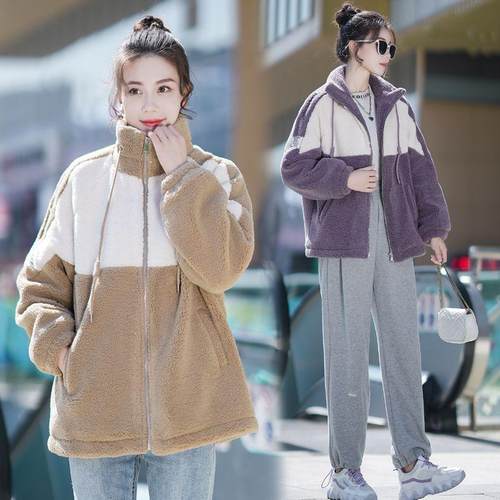 拼接撞色羊羔毛绒加厚棉服外套