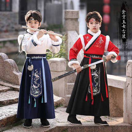 儿童汉服冬季加绒加厚2025新品男童唐装加棉冬款红色中式拜年服装