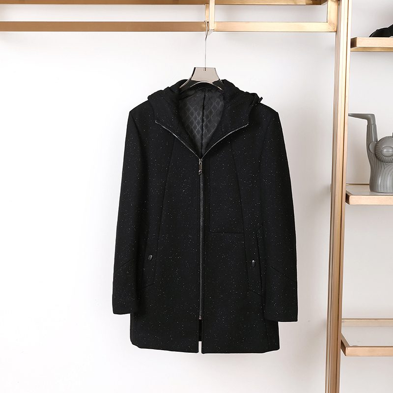 时尚休闲连帽中长款毛呢大衣外套