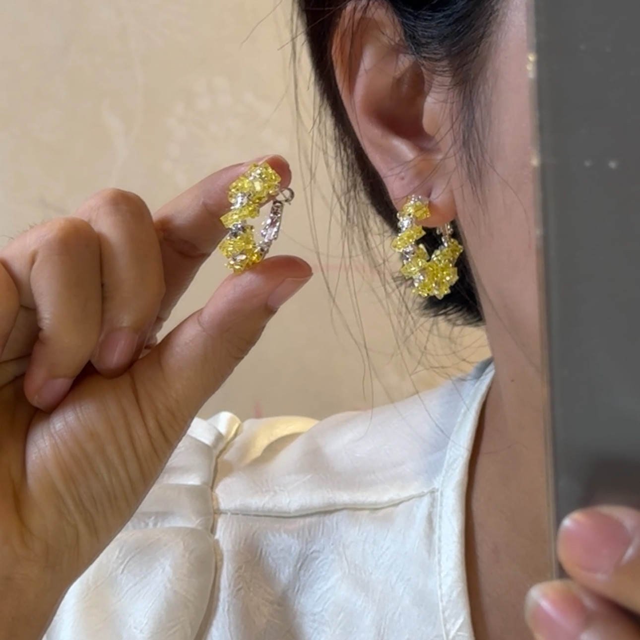 银色方糖水晶耳钉高级感小众适合夏天的耳环轻奢小众独特气质耳饰