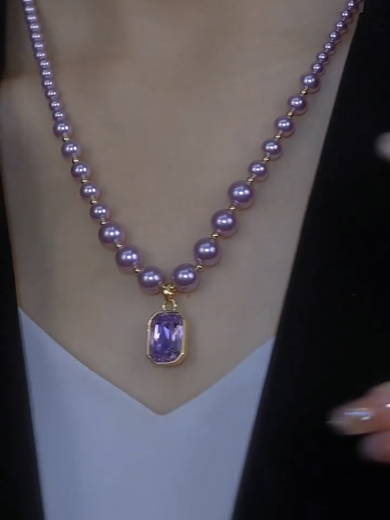 紫色水晶方块珍珠项链女潮酷轻奢高级气质项饰法式复古锆石锁骨链