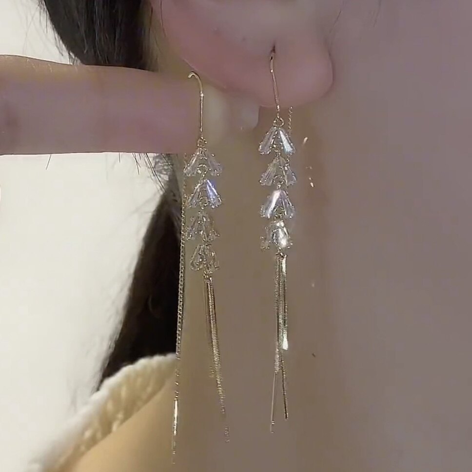 麦穗流苏耳环长款树叶锆石耳线