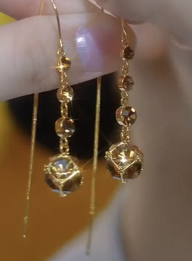 超闪美拉德咖色钻球锆石流苏耳线气质长款水晶耳扣轻奢显脸瘦耳饰