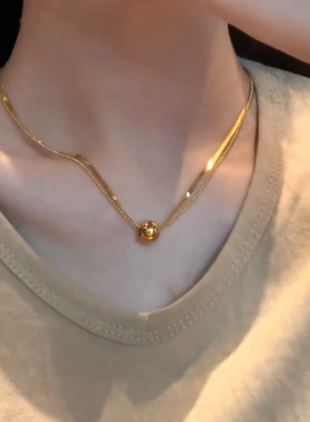 钛钢项链蛇骨小圆球双层项链女镀18k金轻奢高级锁骨链不褪色饰品