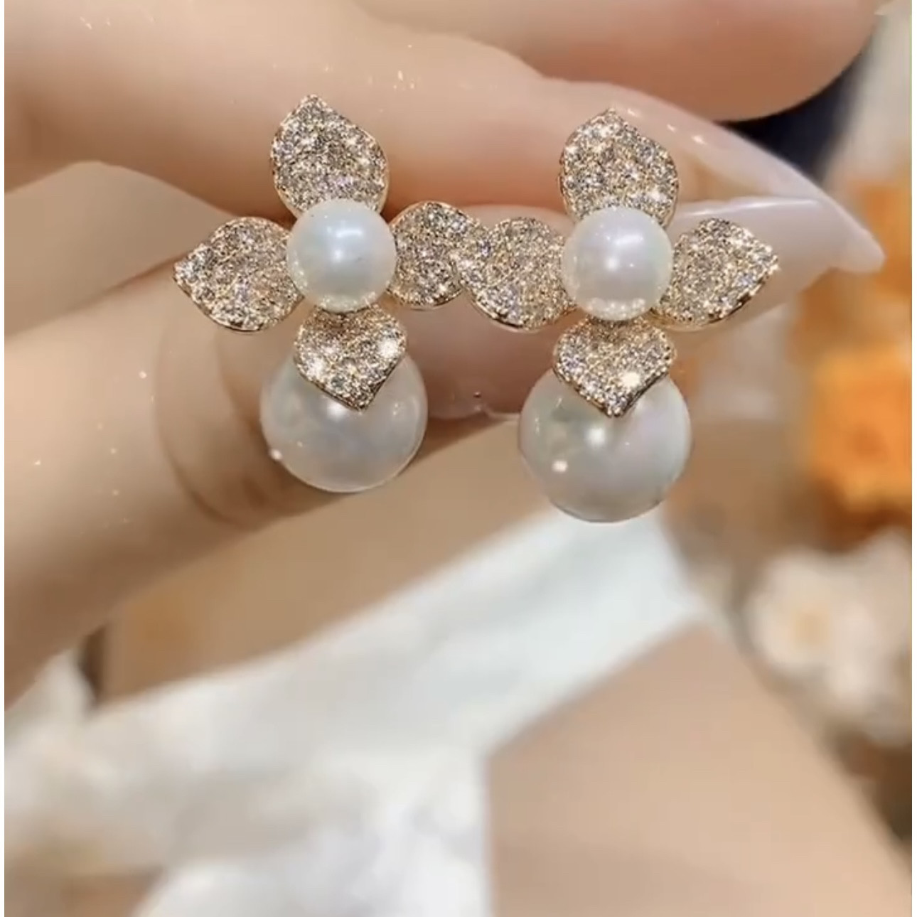 超仙珍珠花朵耳饰女式耳环