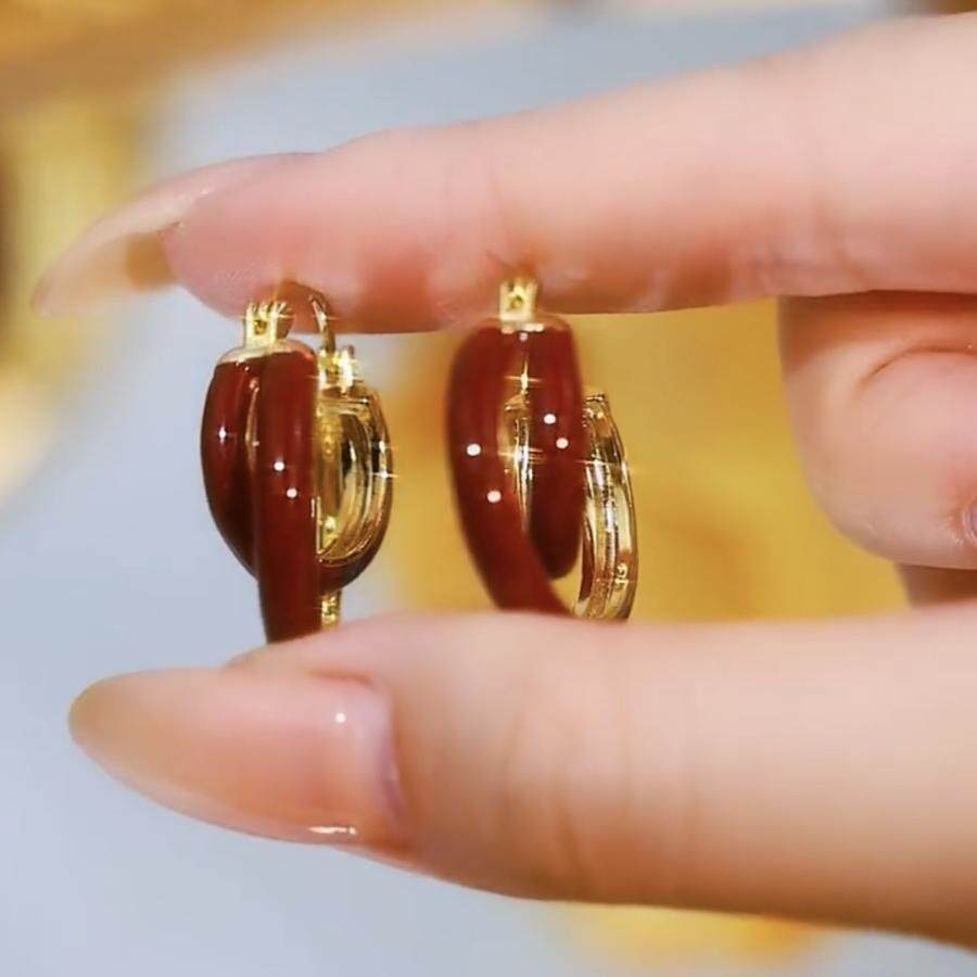 复古安可拉红撞色滴釉双圈耳环
