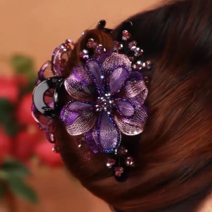 高端系列发夹女紫玫瑰盘发抓夹手工编织铜丝花朵鲨鱼夹头饰