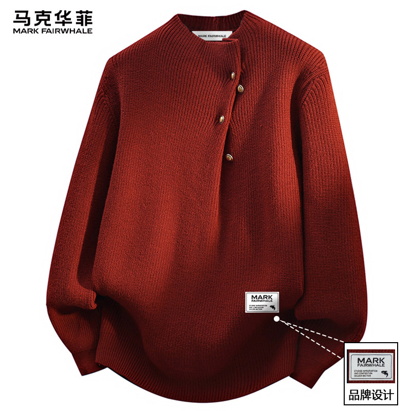 马克华菲红色圆领毛衣男士冬季新款马年本明年衣服男款针织衫内搭
