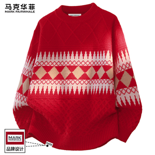 马克华菲红色提花毛衣男款2025冬季加厚保暖针织衫男士上衣服外套