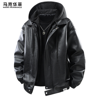 皮衣男款 2026新款 复古外套 春秋季 马克华菲连帽假两件皮夹克男士
