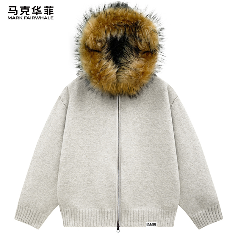 马克华菲大毛领连帽针织衫卫衣男款2025新款男士开衫上衣毛衣外套