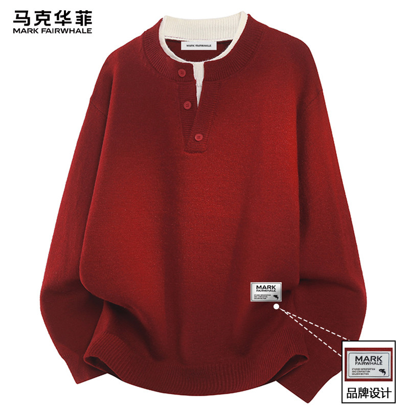 马克华菲红色假两件毛衣男士2025冬季新款本命年加厚保暖针织衫,男装,针织衫/毛衣,淘宝优惠券,粉丝福利购,淘宝优惠卷