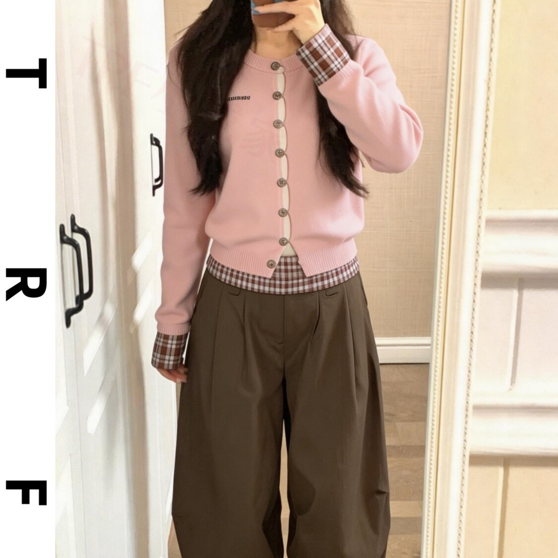 粉色格纹拼接假两件针织开衫2026春季新款百搭阔腿休闲裤两件套装