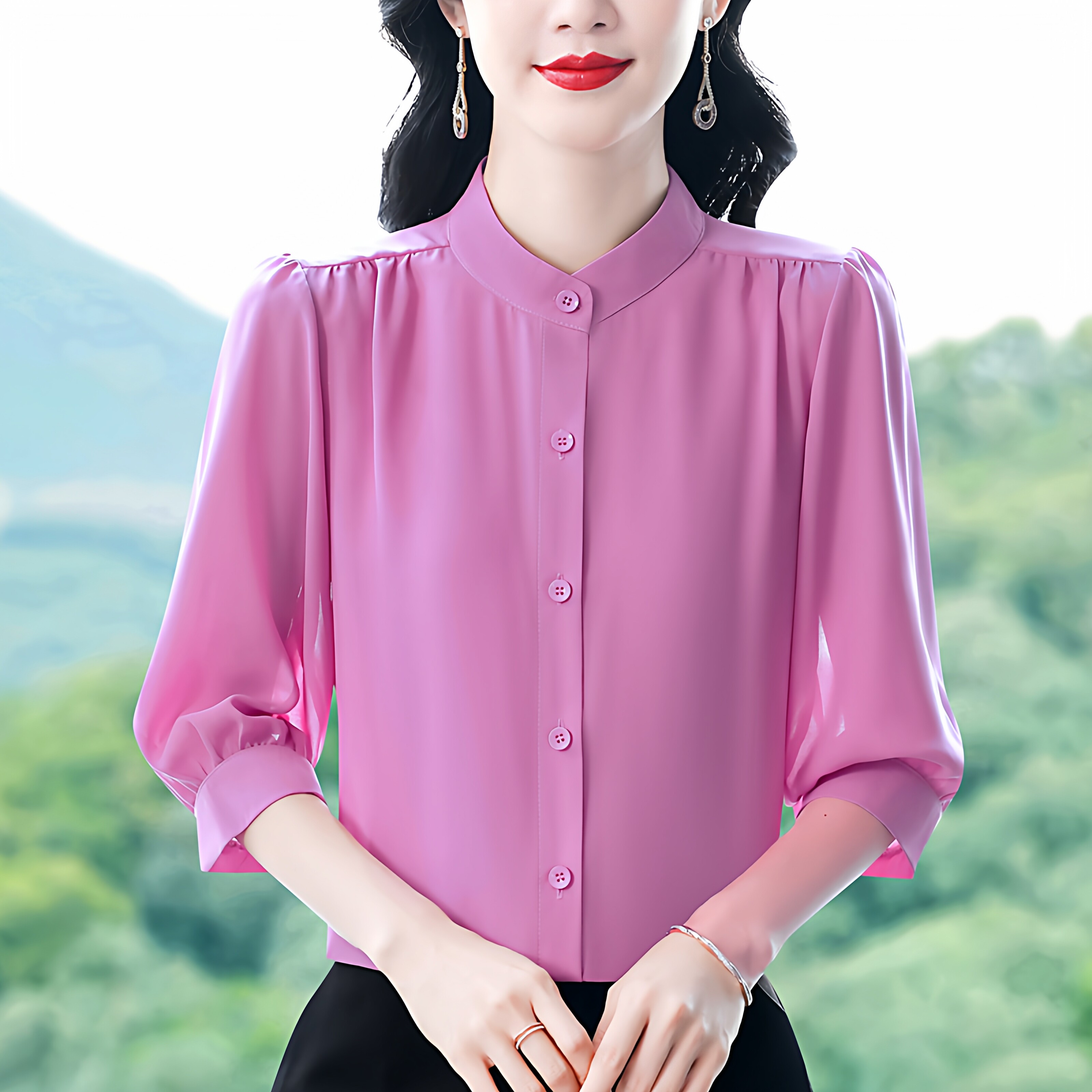 圆领七分袖衬衫女宽松春夏新款洋气百搭减龄妈妈上衣中袖雪纺衬衣