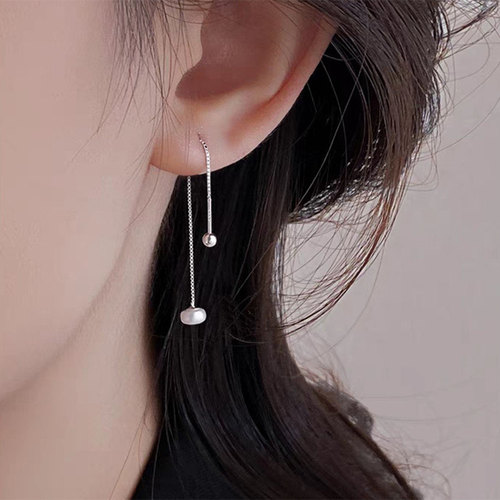 s925银针拧扣珍珠耳线女