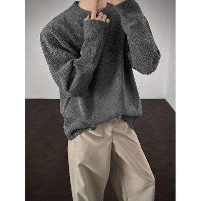 美式慵懒风纯色毛衣男款春秋季复古潮流圆领宽松绵羊毛针织衫上衣