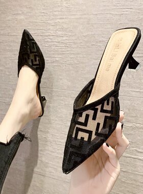 包头半拖鞋女外穿2022年新款夏季中跟网纱时尚穆勒鞋细跟网红凉拖