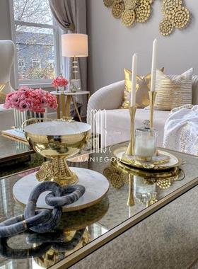 欧式金边天然大理石圆托盘平板盘艺术家居餐桌厅摆件装饰品工艺品