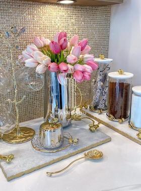 现代创意轻奢金色把手托盘家居客厅蛋糕甜点餐盘子摆件装饰工艺品